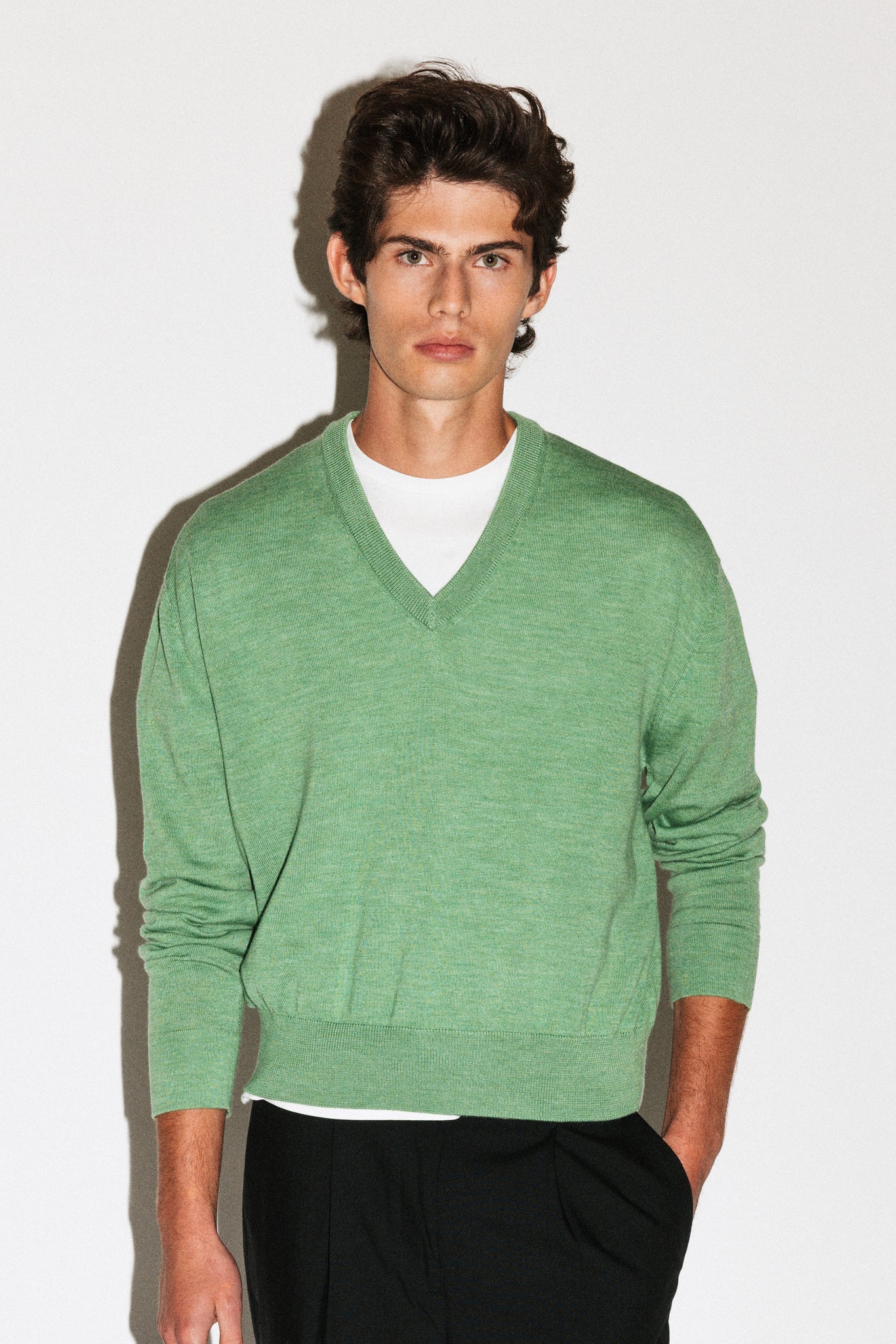 Clinton Low V-Neck Merino Sweater  |  Green Melange