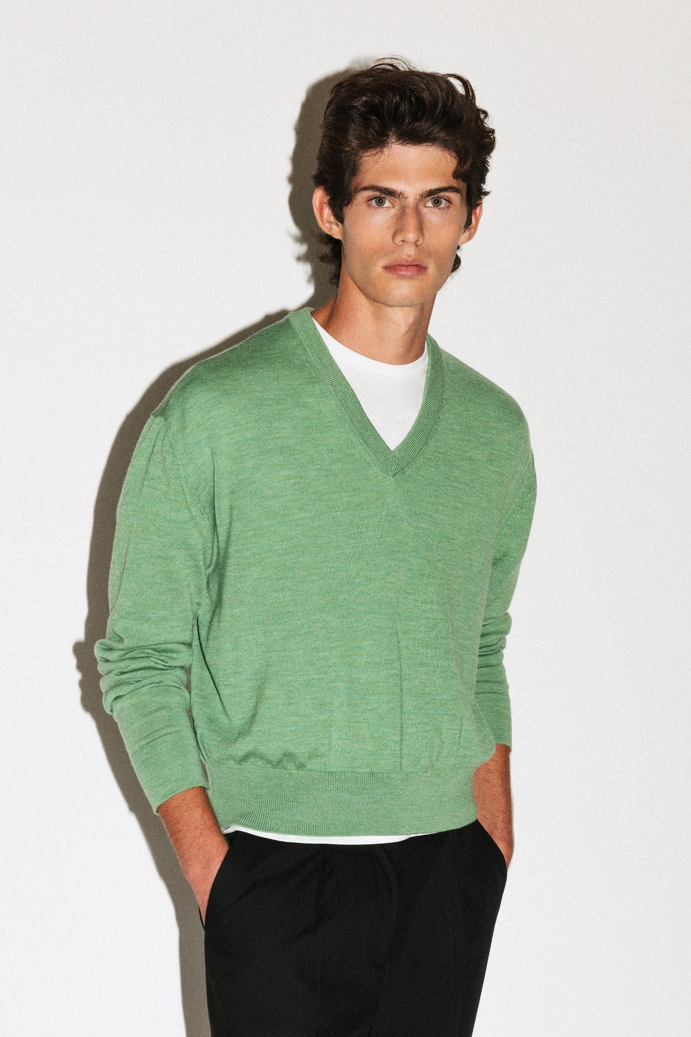Clinton Low V-Neck Merino Sweater  |  Green Melange