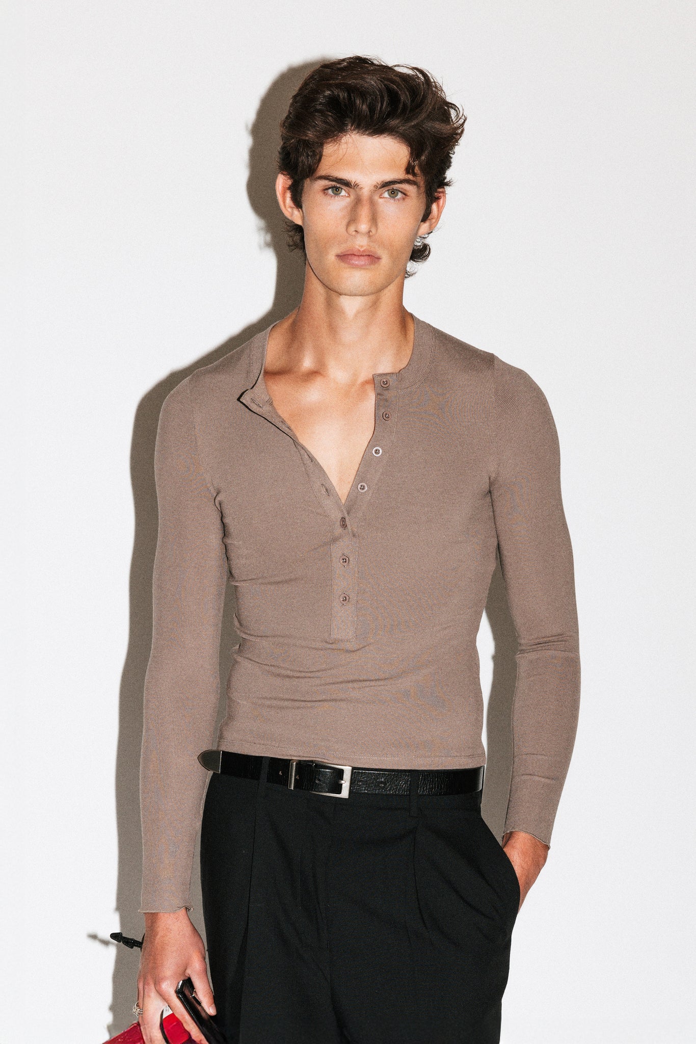 Murray Slim Long Sleeve Silk Henley  |  Taupe Brown