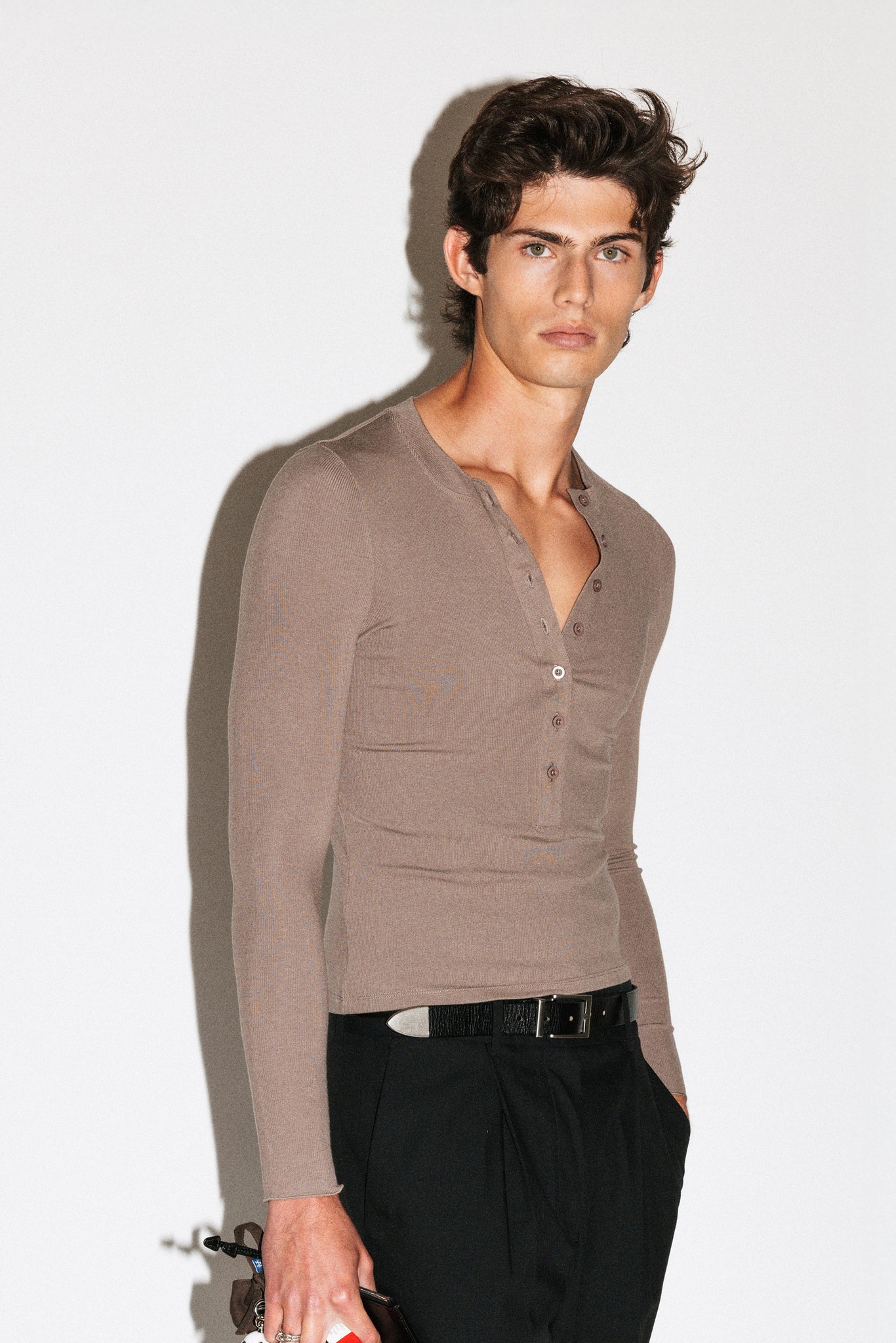 Murray Slim Long Sleeve Silk Henley  |  Taupe Brown