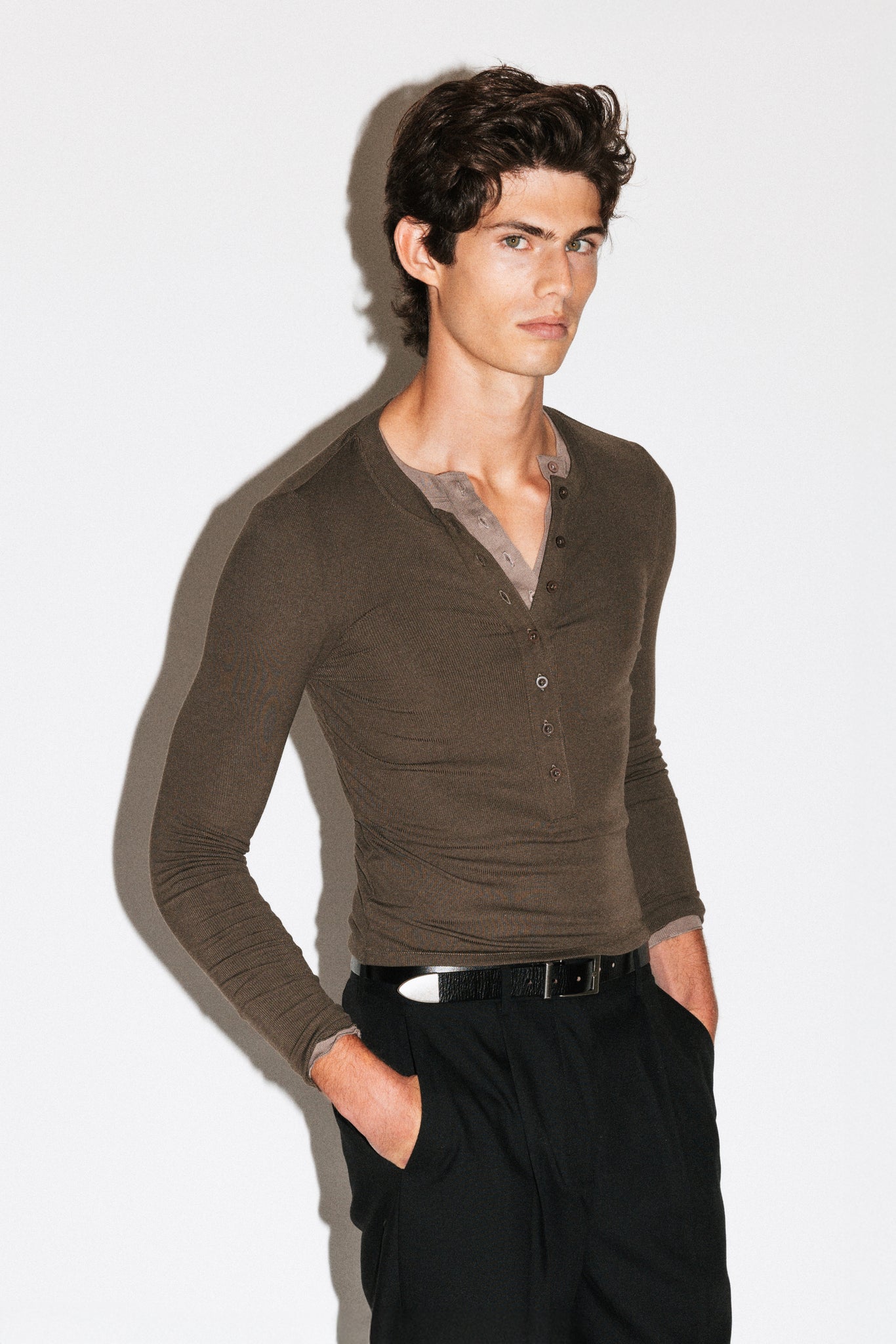 Murray Slim Long Sleeve Silk Henley  |  Olive