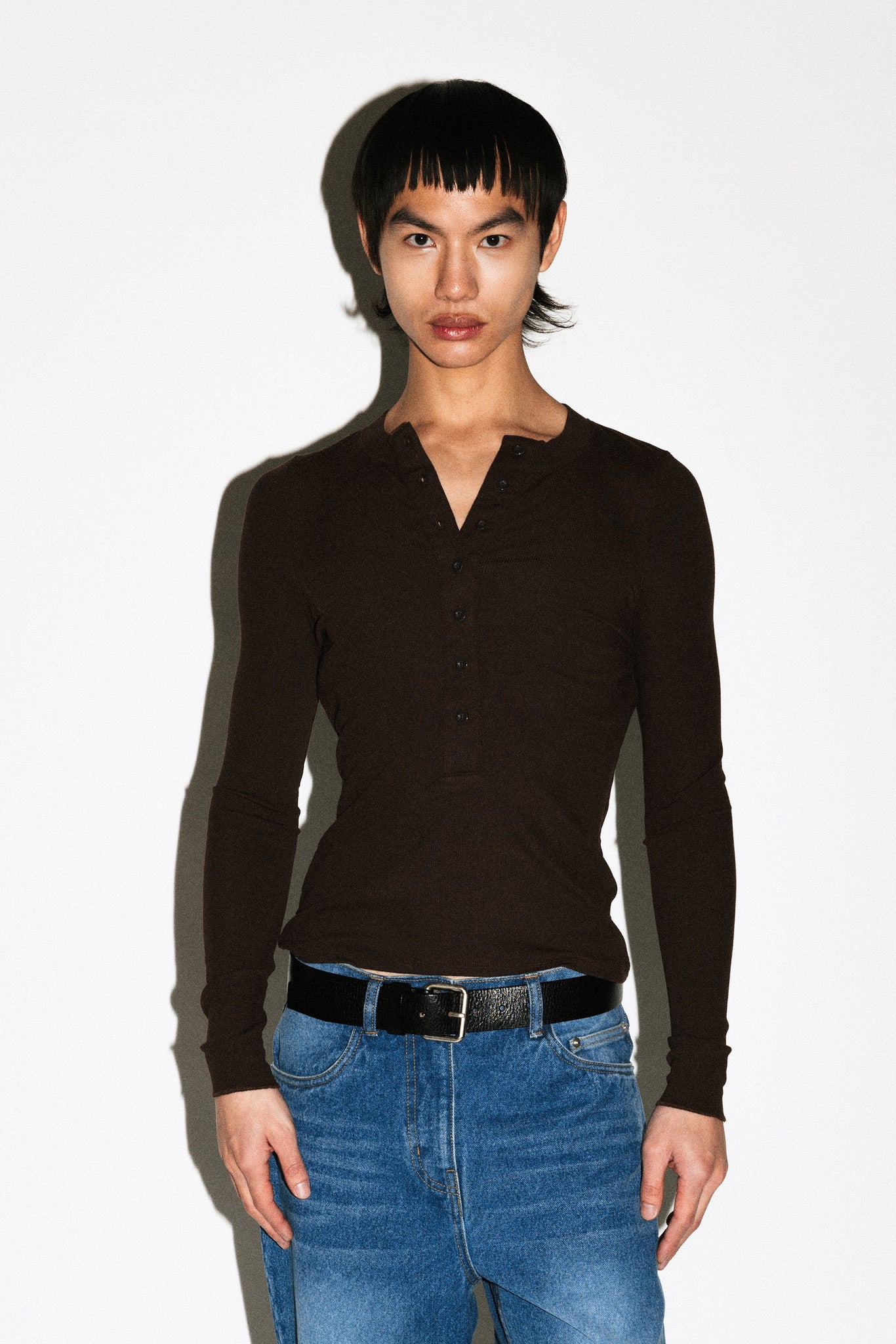 Murray Slim Long Sleeve Silk Henley  |  Chocolate Brown