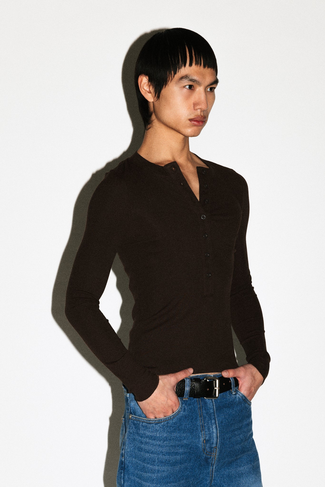 Murray Slim Long Sleeve Silk Henley  |  Chocolate Brown