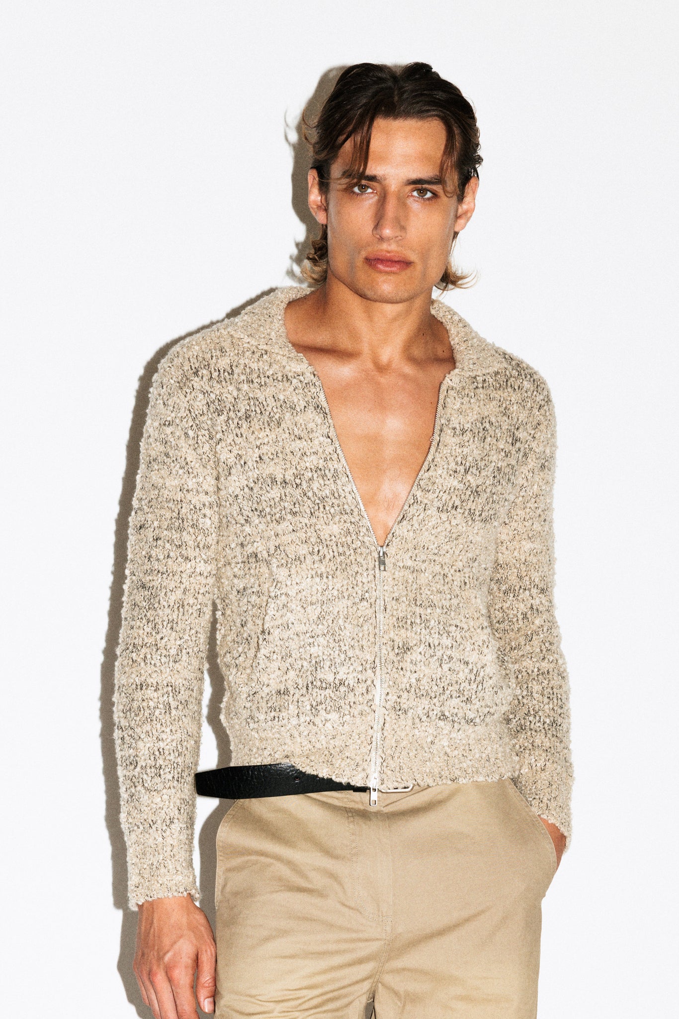 Hoover Textural Slim Zip Cardigan  |  Pepper Beige