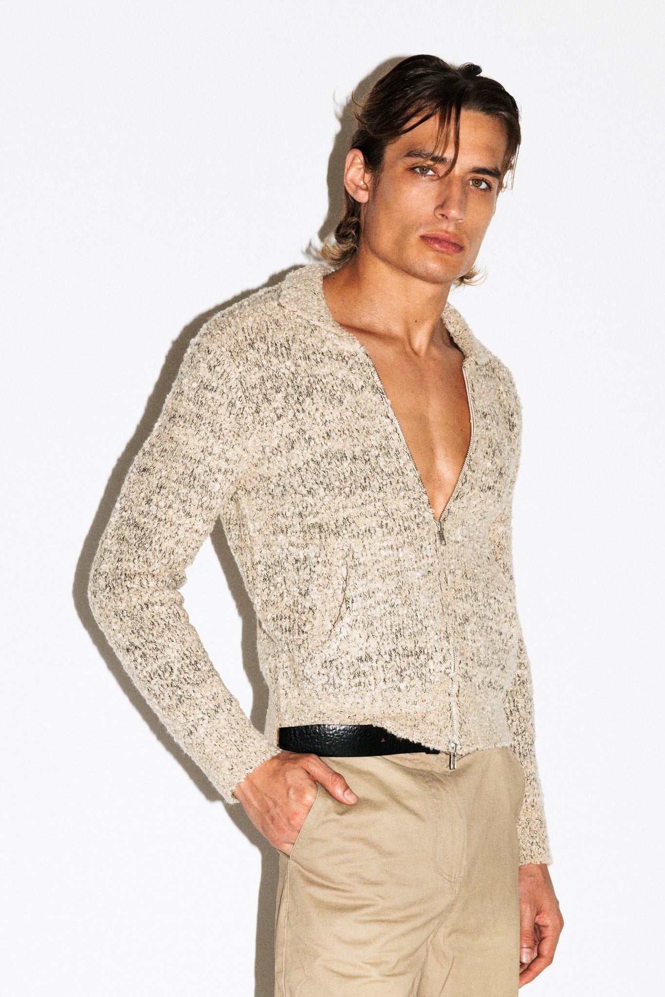 Hoover Textural Slim Zip Cardigan  |  Pepper Beige