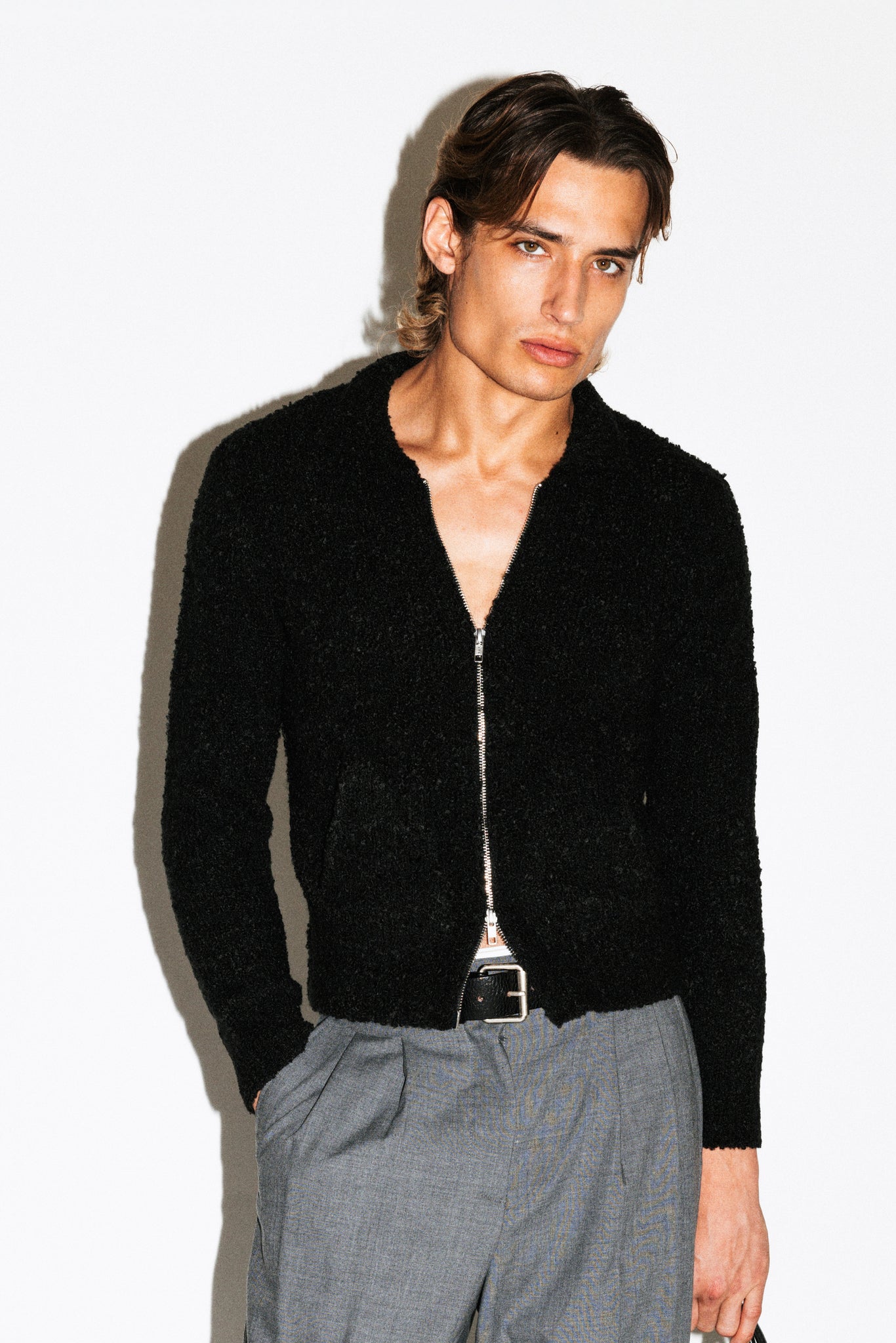 Hoover Textural Slim Zip Cardigan  |  Black