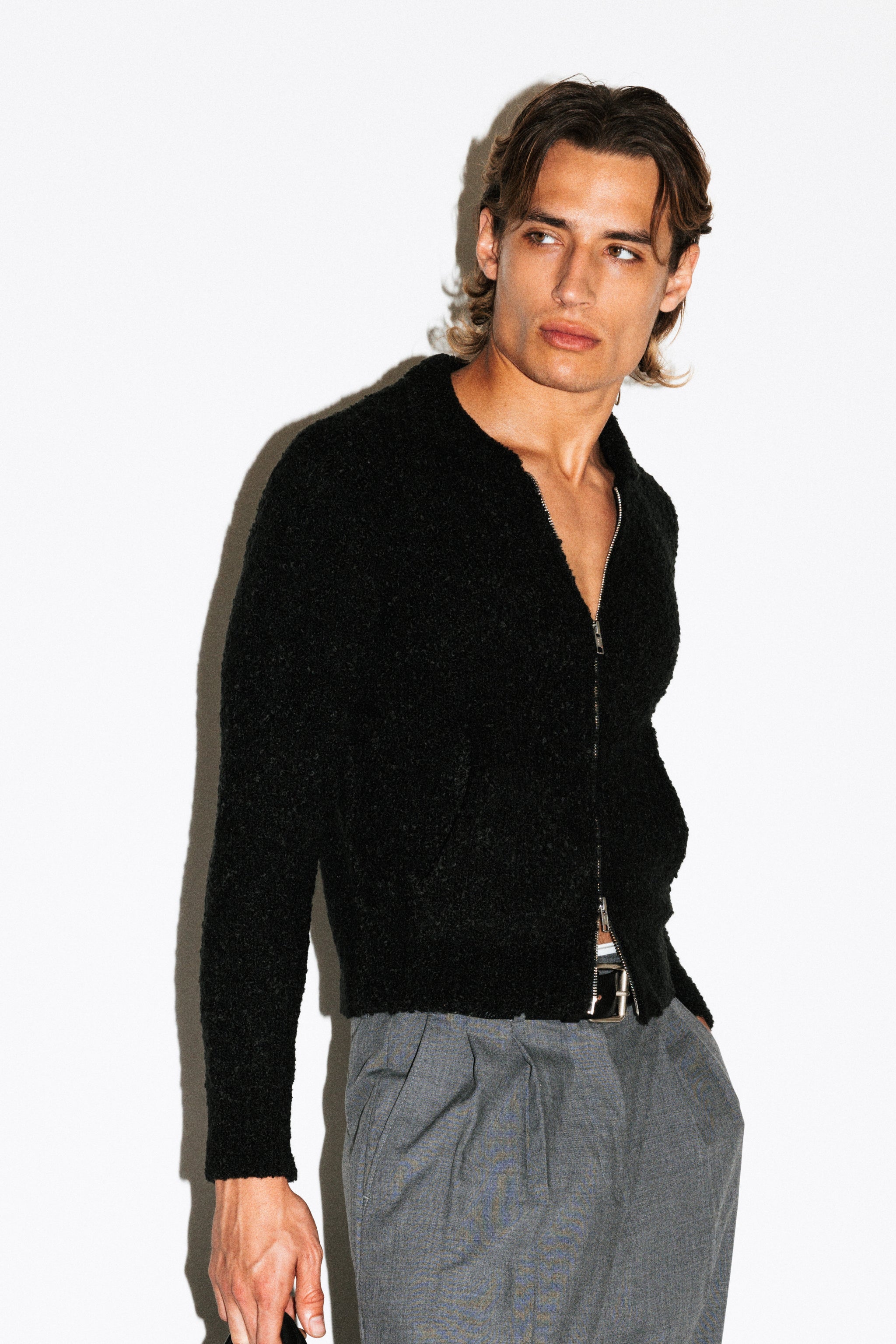 Hoover Textural Slim Zip Cardigan | Black – California Arts