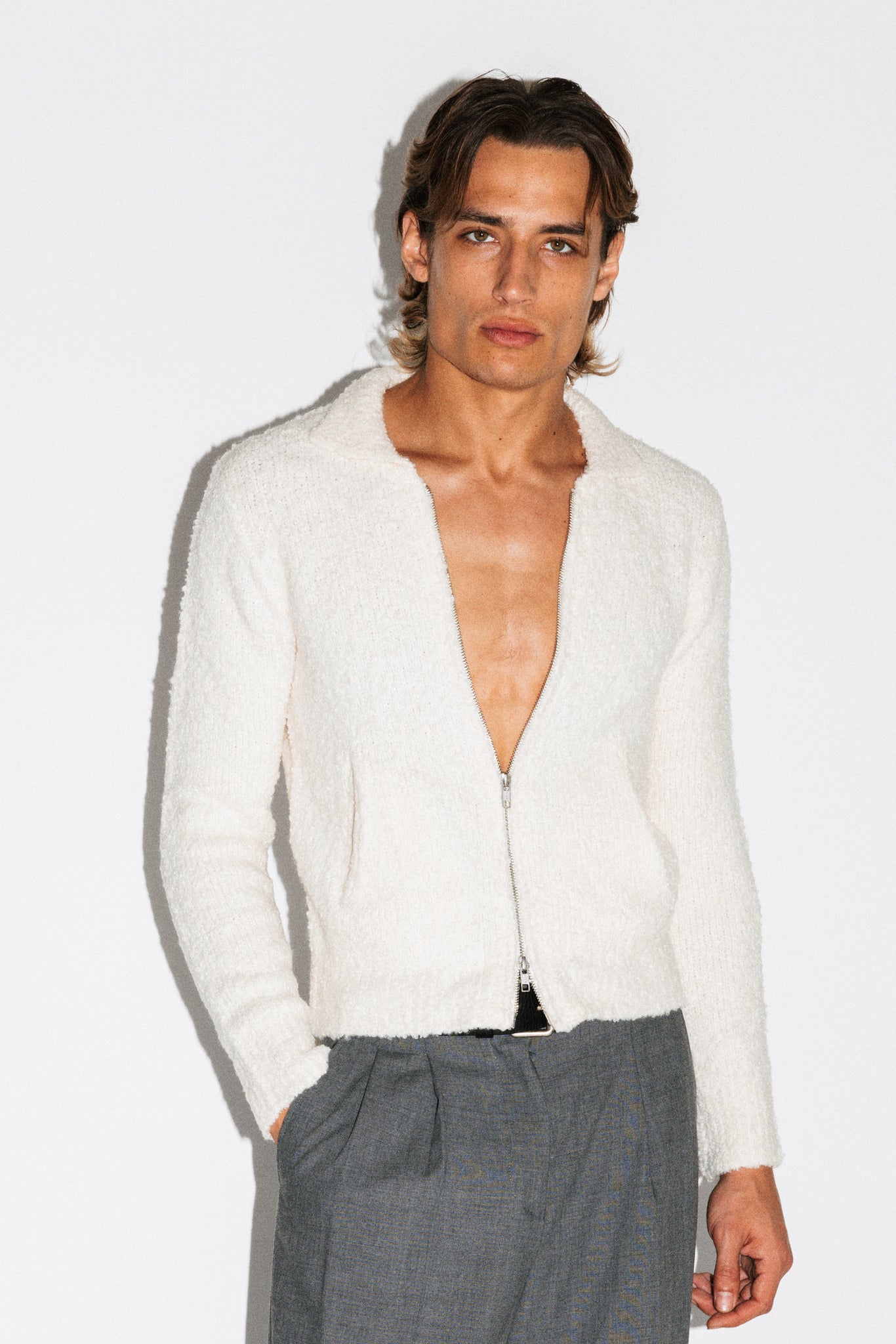 Hoover Textural Slim Zip Cardigan  |  Off-White
