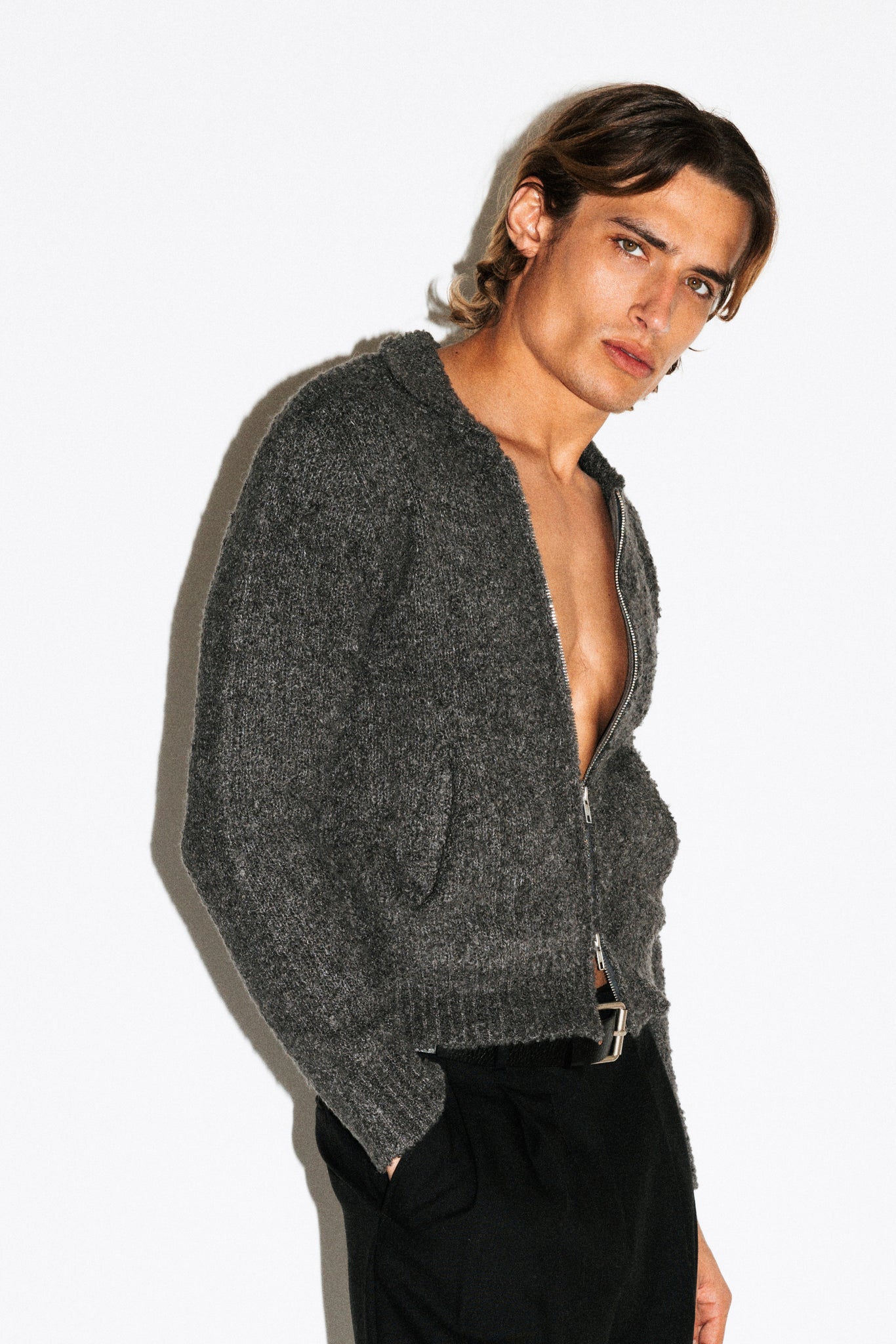 Hoover Textural Slim Zip Cardigan  |  Charcoal Grey