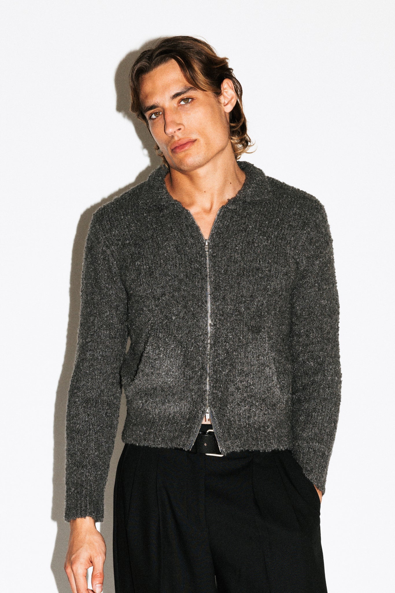Hoover Textural Slim Zip Cardigan  |  Charcoal Grey