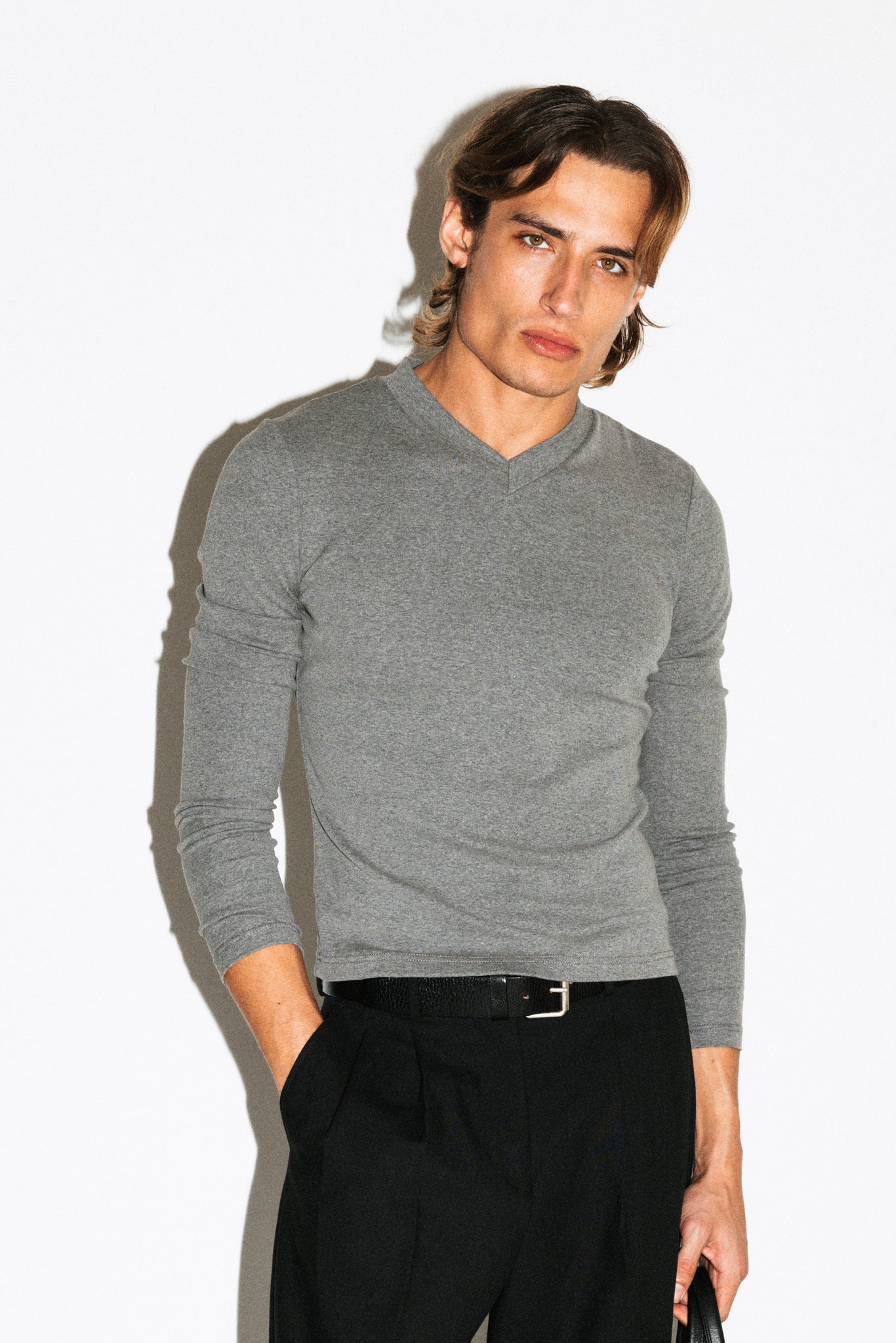 Scott Slim Long Sleeve V-Neck Tee  |  Charcoal Grey