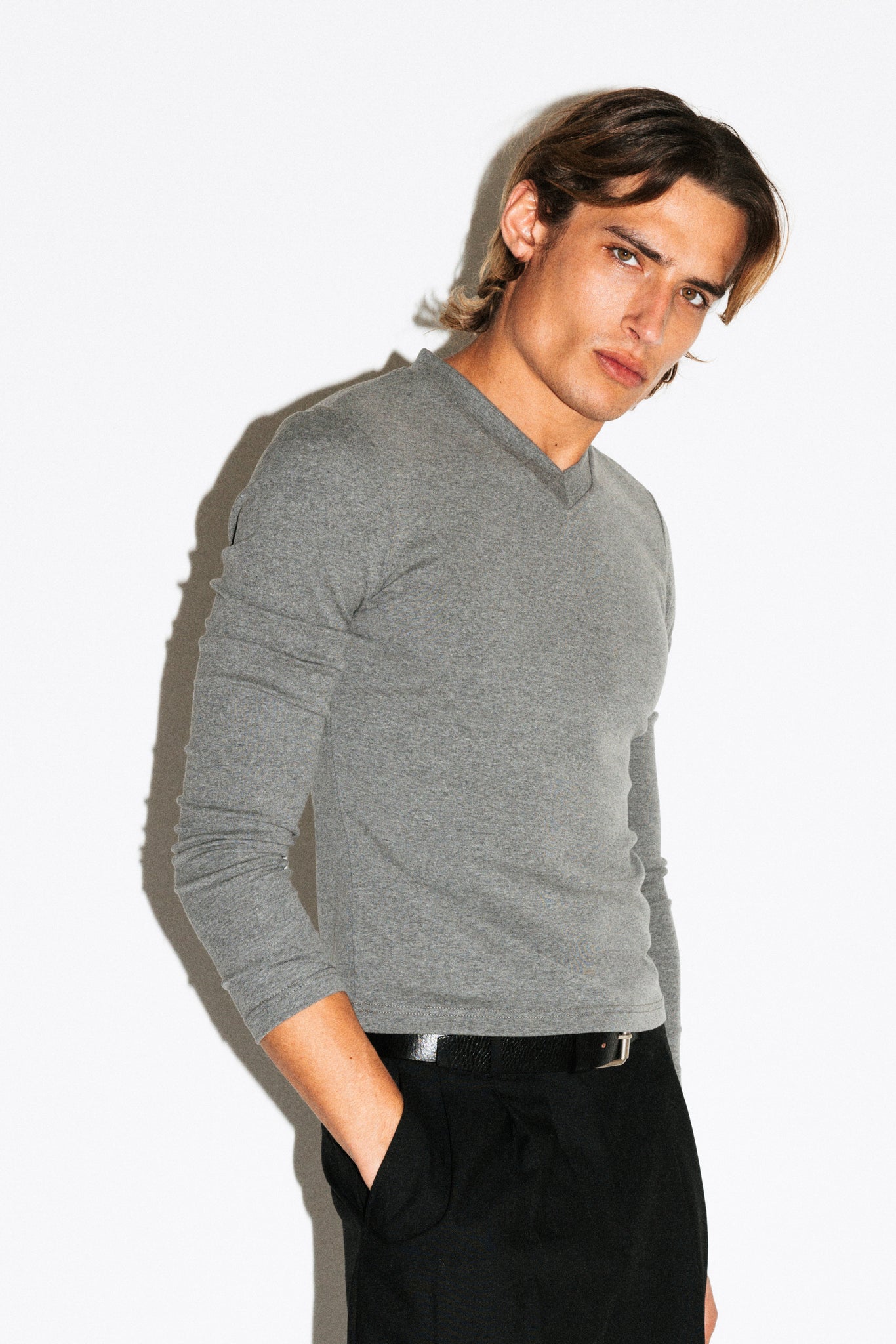 Scott Slim Long Sleeve V-Neck Tee  |  Charcoal Grey