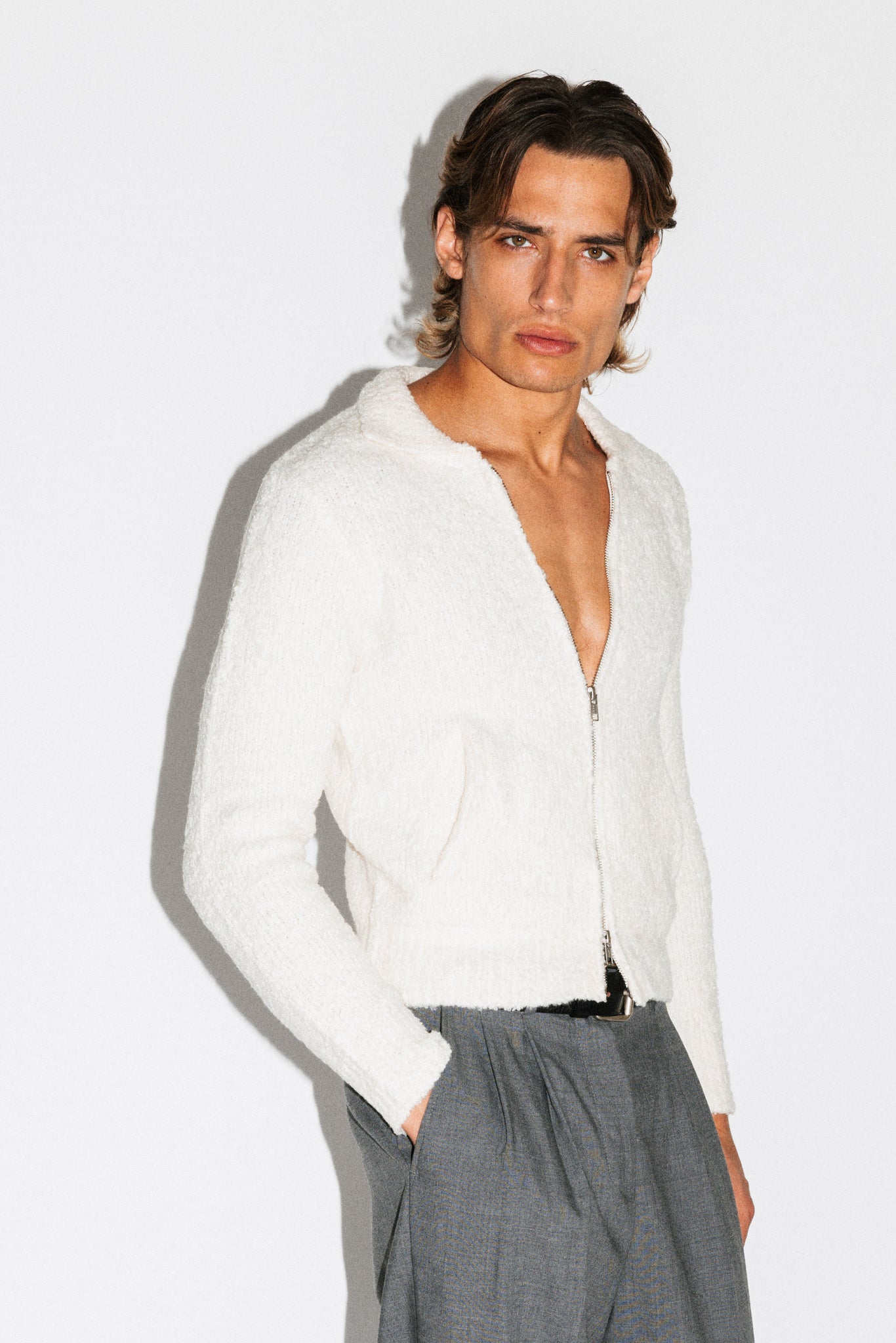 Hoover Textural Slim Zip Cardigan  |  Off-White