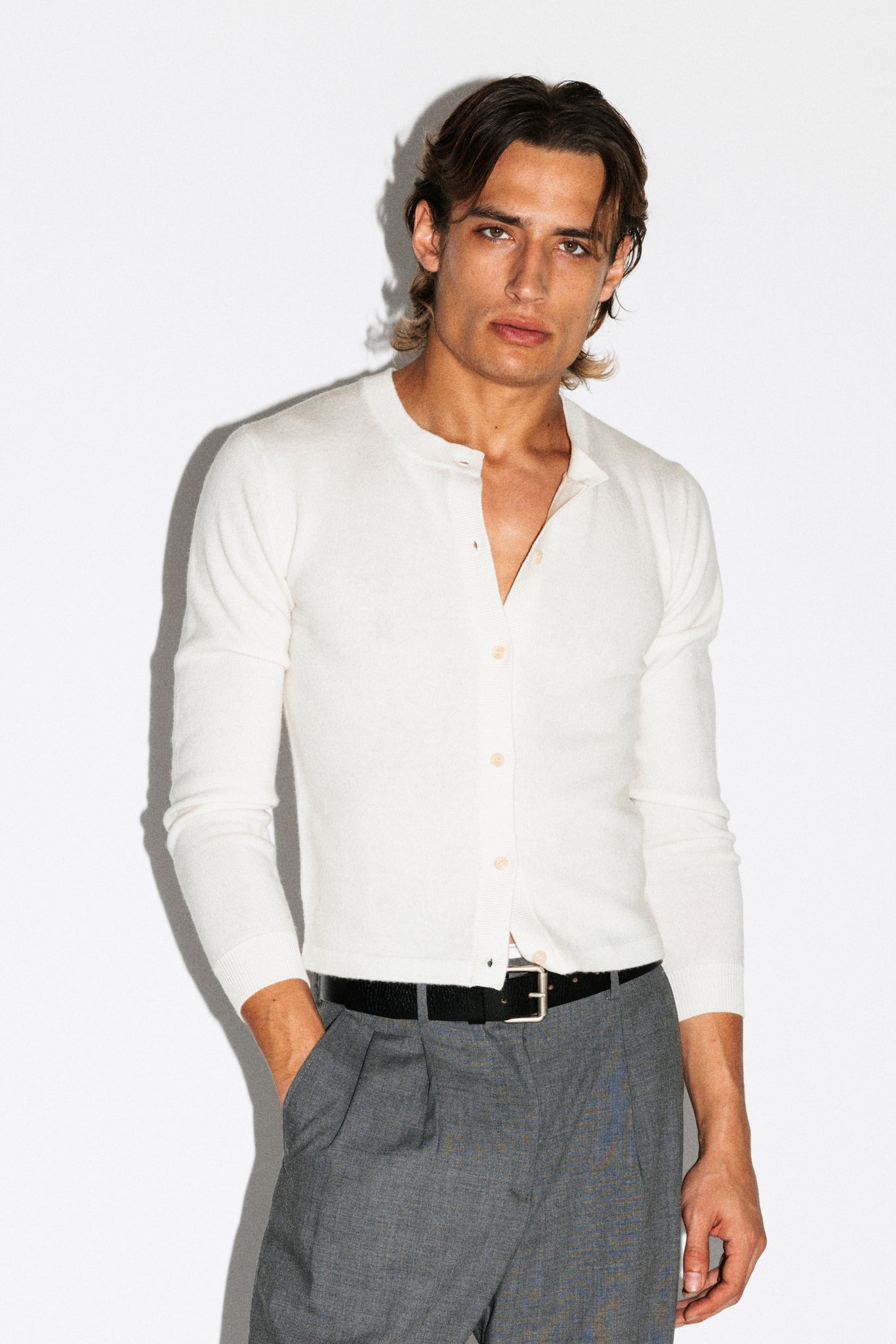 Almont Slim Crew Cardigan  |  Cream