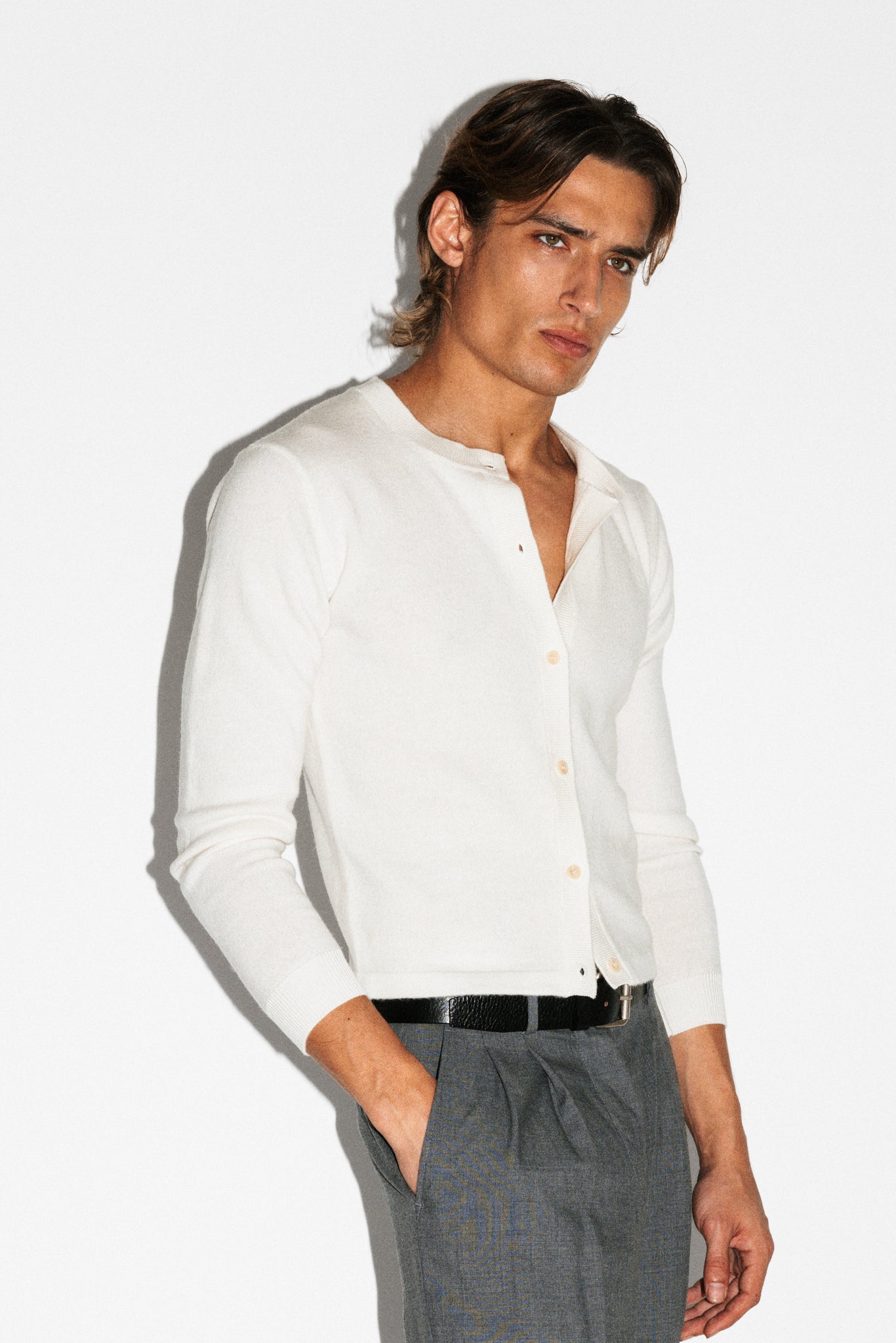 Almont Slim Crew Cardigan  |  Cream