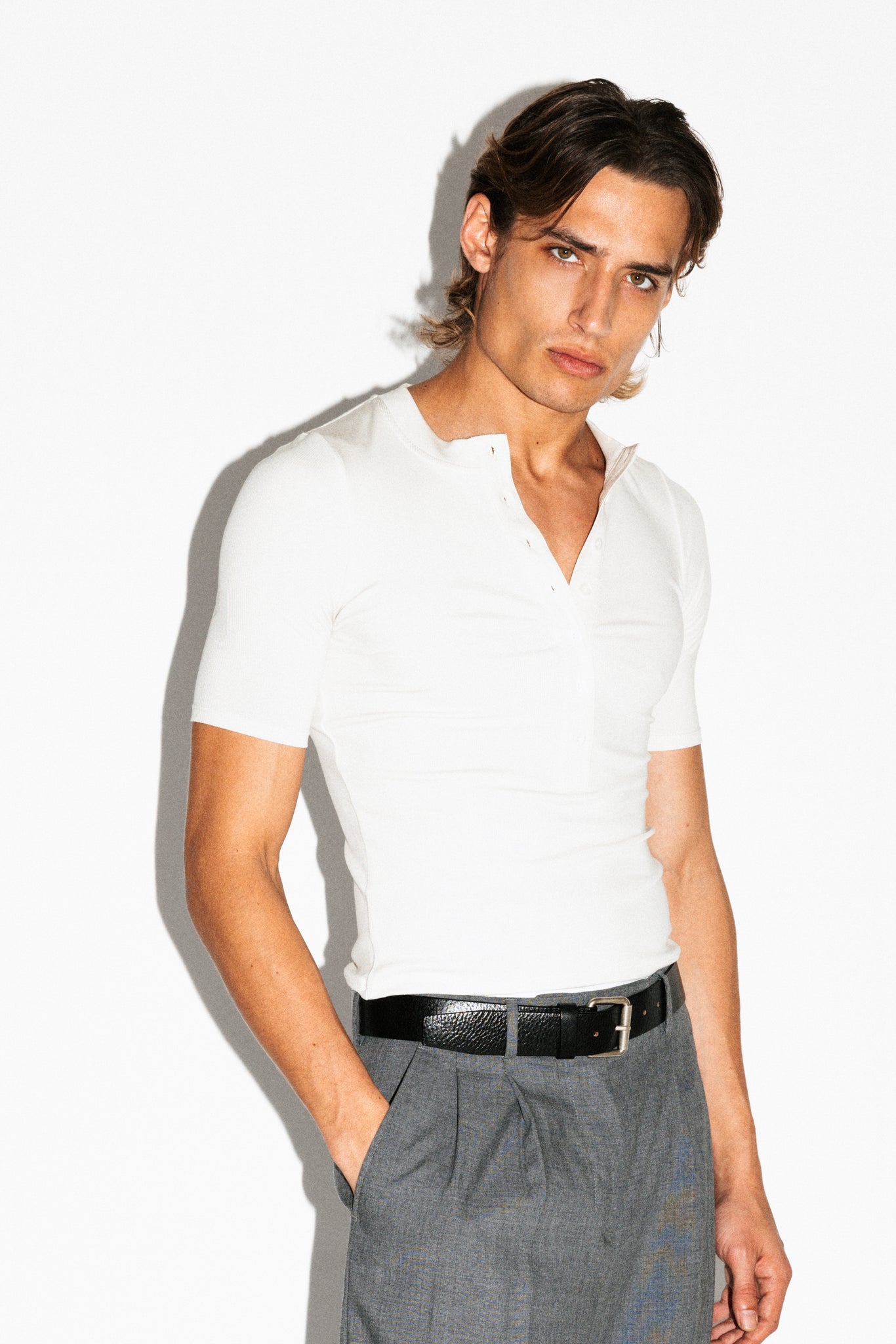 Maltman Slim Short Sleeve Silk Henley  |  Milk
