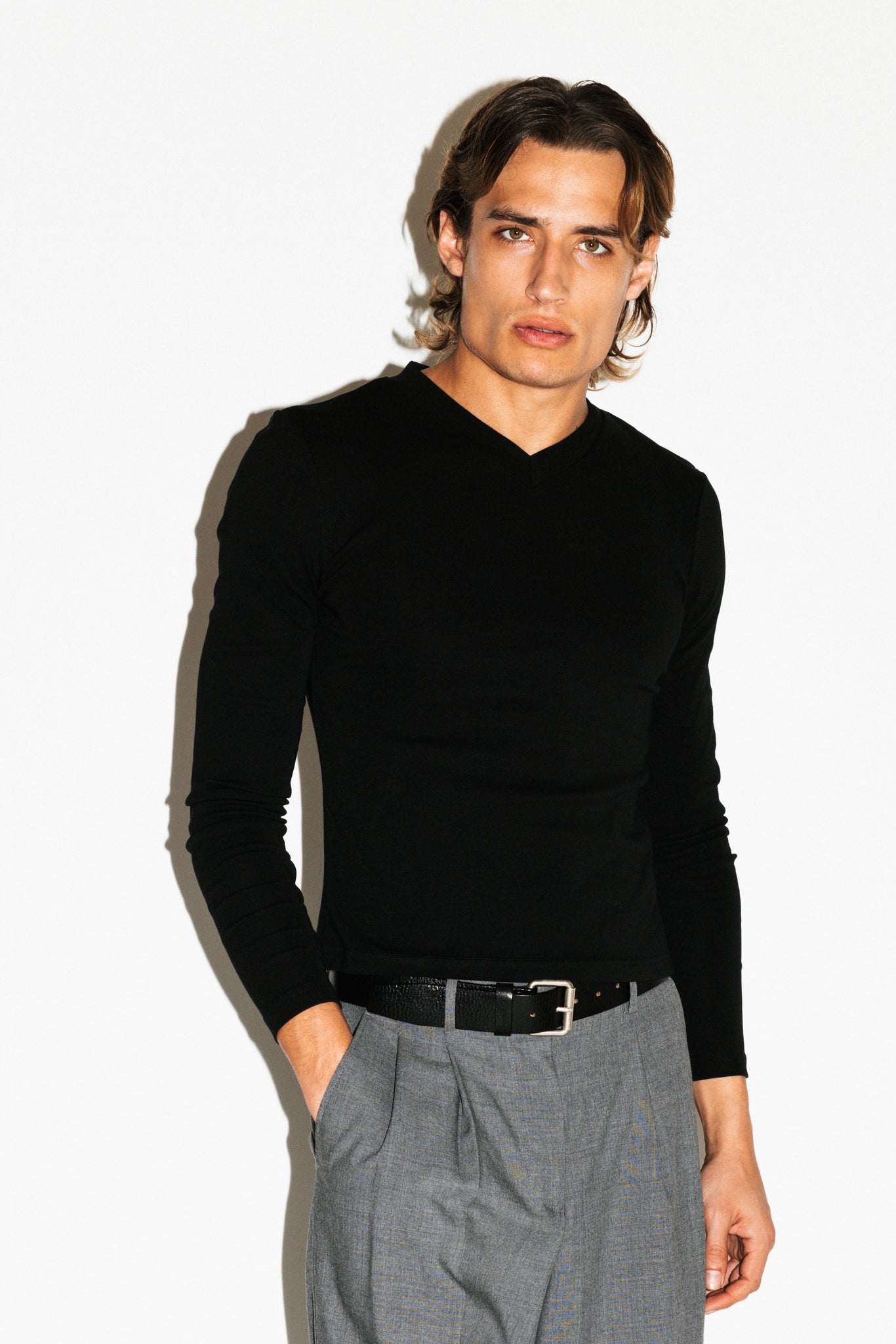 Scott Slim Long Sleeve V-Neck Tee  |  Black
