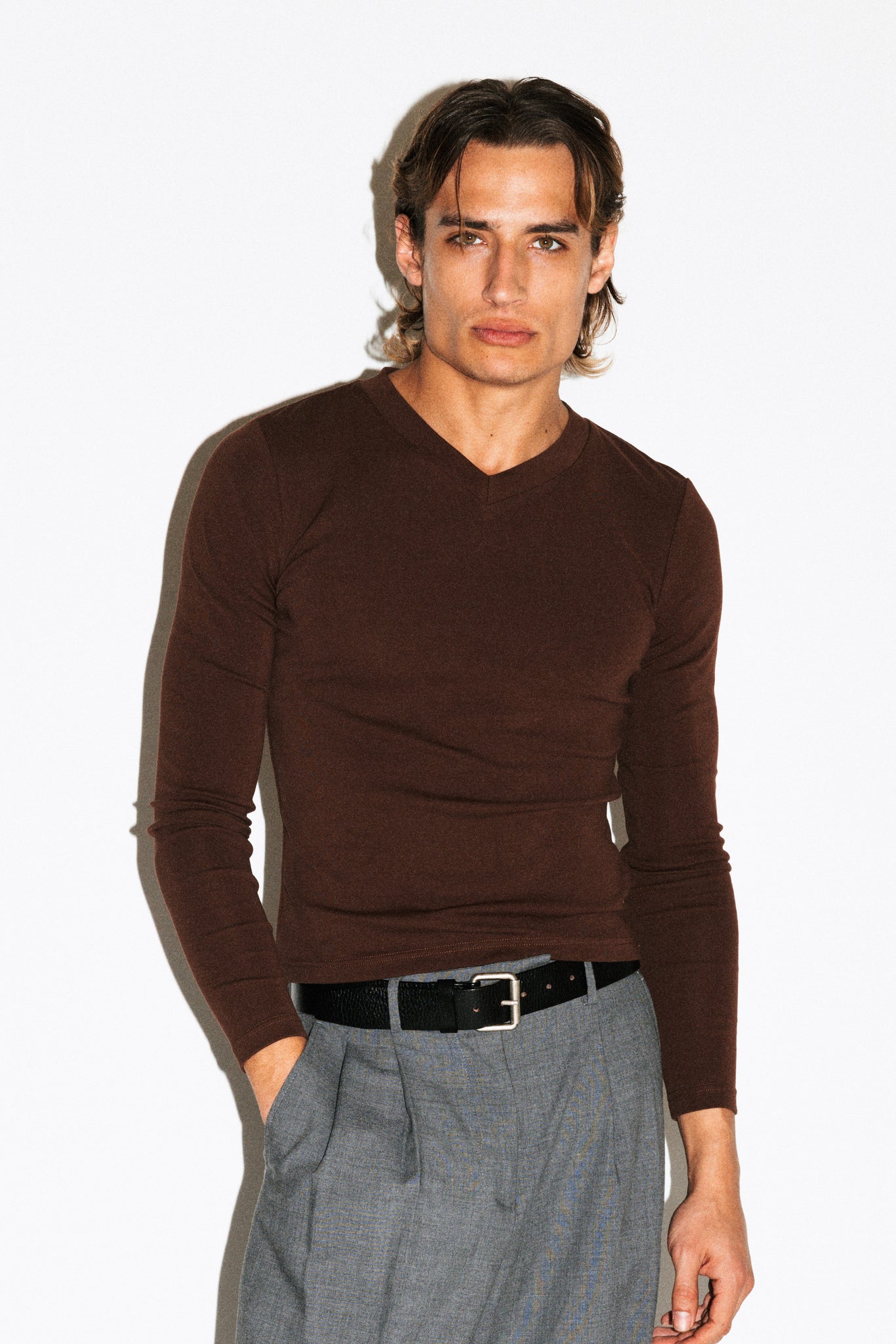 Scott Slim Long Sleeve V-Neck Tee  |  Chocolate Brown