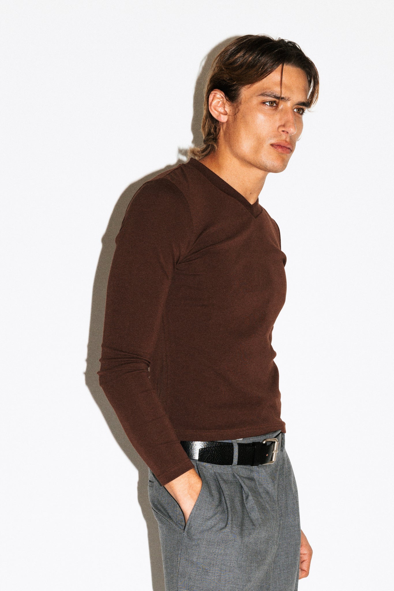 Scott Slim Long Sleeve V-Neck Tee  |  Chocolate Brown